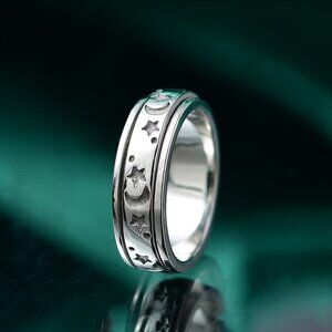 Artisan ✦ Moon Star Spinner Ring ✦ Platinum Over Sterling Silver Band Size 6